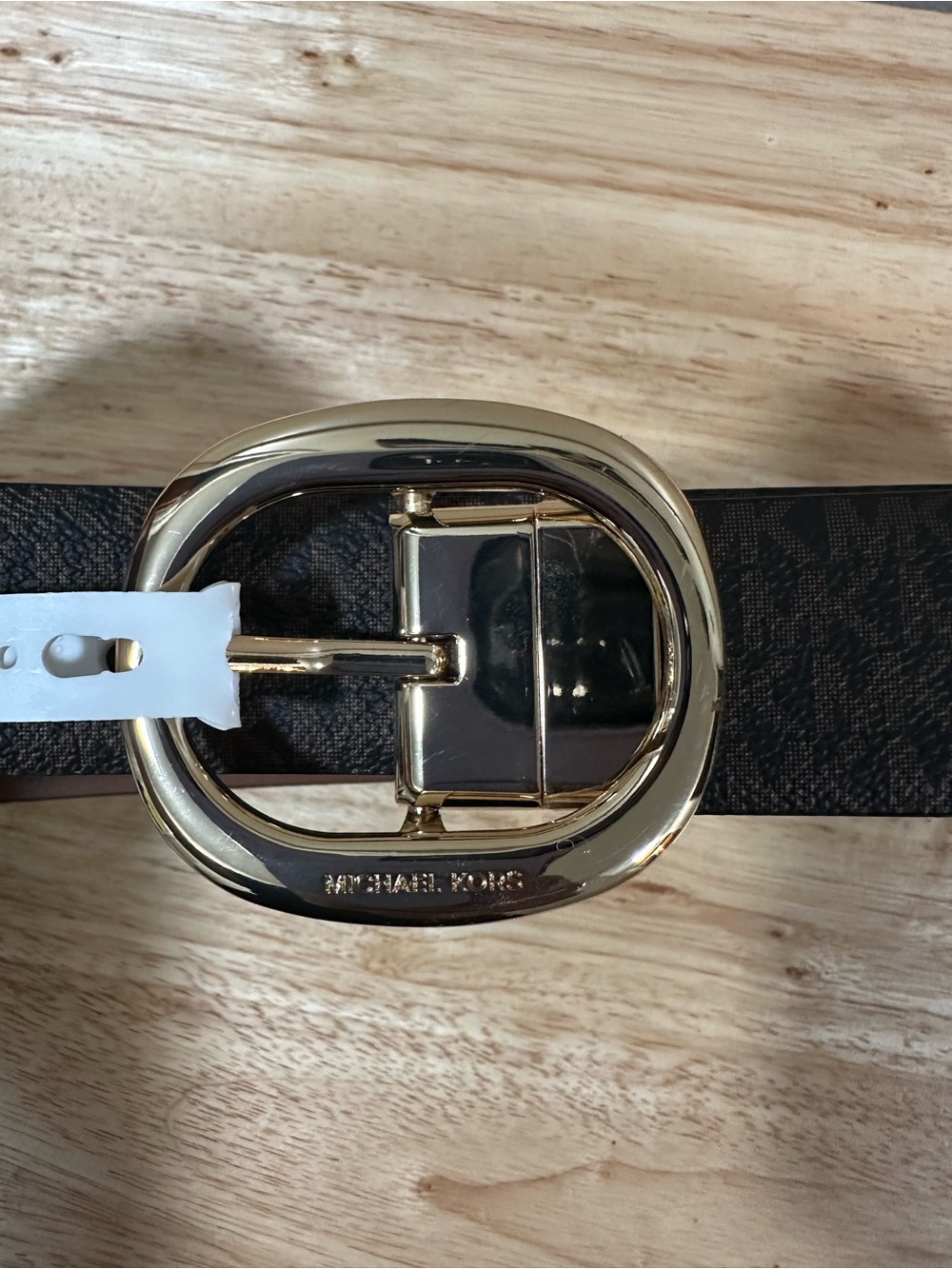 MICHAEL Michael Kors Brown/Tan Reversible Leather Belt with Gold Oval Buckle - Picture 3 of 8